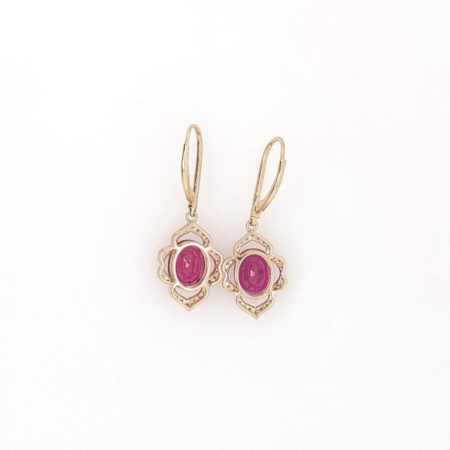 Metal Ruby Dangle Earrings With Earth Mined Diamonds: Solid 14k Gold, Oval 10x8mm, Pair For Sale - Image 7 of 7