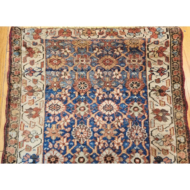 19th Century Persian Kurdish Bidjar Runner Rug, Hand-Knotted Wool, All Over Geometric Pattern, Blue & Ivory, 4x8 For Sale - Image 10 of 14