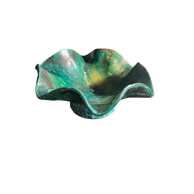 Late 20th Century Ruffled Raku Signed Pottery Bowl For Sale - Image 4 of 18