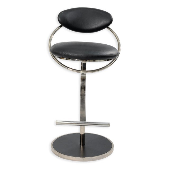 Modern Design Institute of America Black Leather & Chrome Hightop Barstools For Sale - Image 3 of 9