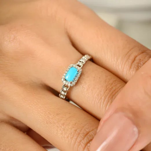Impressive Natural Baguette Turquoise & Halo Diamonds 14K Solid White Gold Ring featuring natural turquoise of 0.28 carats...