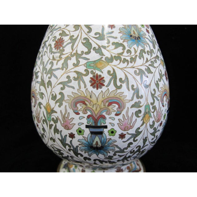 Large Chinese White Enamel Cloisonne Colorful Flower Vase Pair For Sale - Image 13 of 14