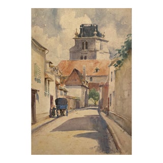 1910s French Street Scene Saint-Etienne Watercolor For Sale