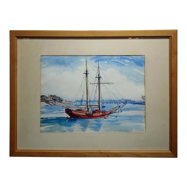 Virgene Hawthorne - Red Sail Boat Resting at Bay - 1950s Painting For Sale