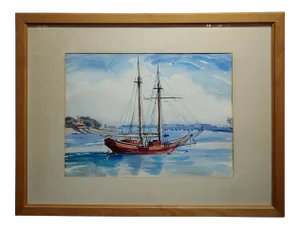 Virgene Hawthorne - Red Sail Boat Resting at Bay - 1950s Painting