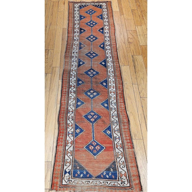 Terra Cotta 19th Century Persian Kurdish Runner Rug, Hand-Knotted Wool, Geometric Medallion Pattern, Terracotta & Navy, 3x12 For Sale - Image 8 of 16
