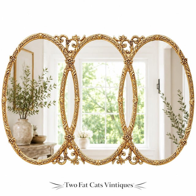 Hollywood Regency Vintage Hollywood Regency Triple Oval Mirror | Gold Interlocking Triptych | MCM For Sale - Image 3 of 9