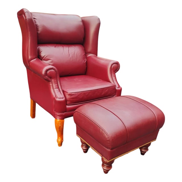 Classic Leather Wingback Chair and Ottoman Set For Sale