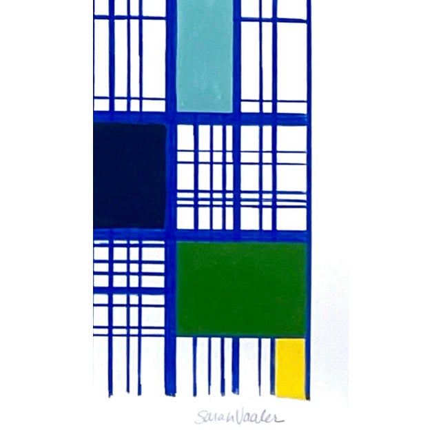 This painting on paper features a grid design made with cobalt blue color pencil lines with blocks of dark blue, salmon,...
