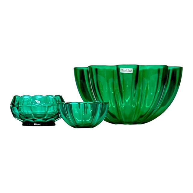 Emerald Green Fluted Glass Bowl Curation, Ft. Villeroy & Boch - Group of 3 For Sale