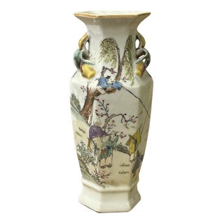 Chinese Scenery Graphic Hexagonal White Porcelain Art Vase For Sale