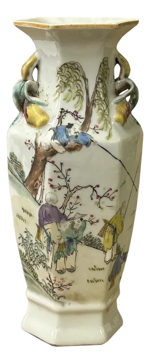 Chinese Scenery Graphic Hexagonal White Porcelain Art Vase