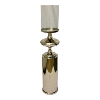 Tall Nickel-Plated Metal & Clear Glass Candle Stand | 49” Floor Hurricane Candle Holder For Sale