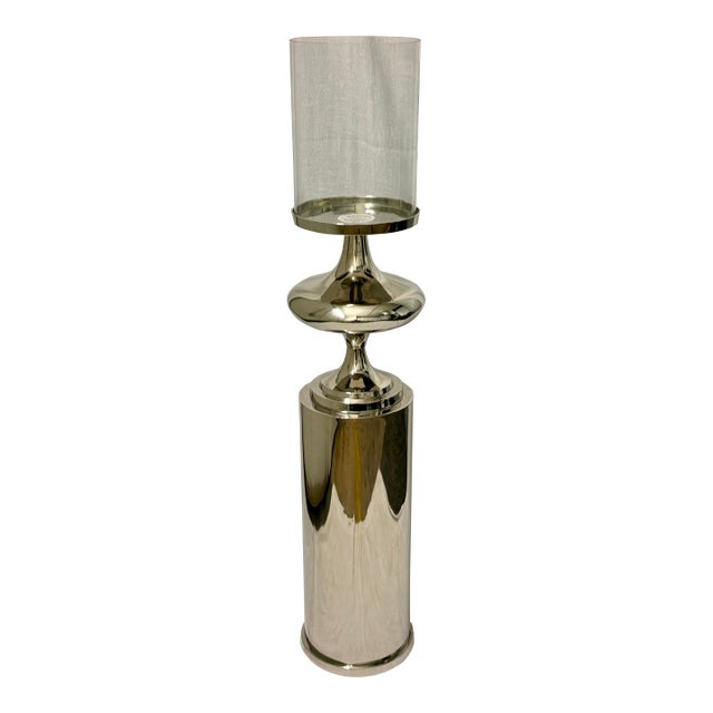 Tall Nickel-Plated Metal & Clear Glass Candle Stand | 49” Floor Hurricane Candle Holder For Sale