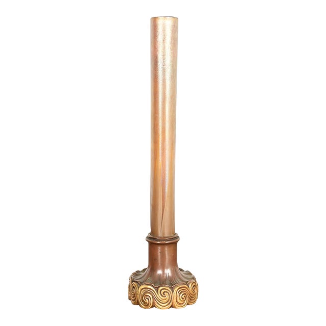 Tiffany Studios New York Favrile Iridescent Art Glass Tall Bud Vase on Bronze Doré Stand For Sale