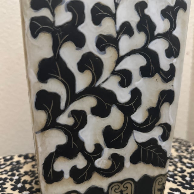 Art Deco Vintage Tall Ceramic Taupe Vase With Painted Flowers For Sale - Image 3 of 12