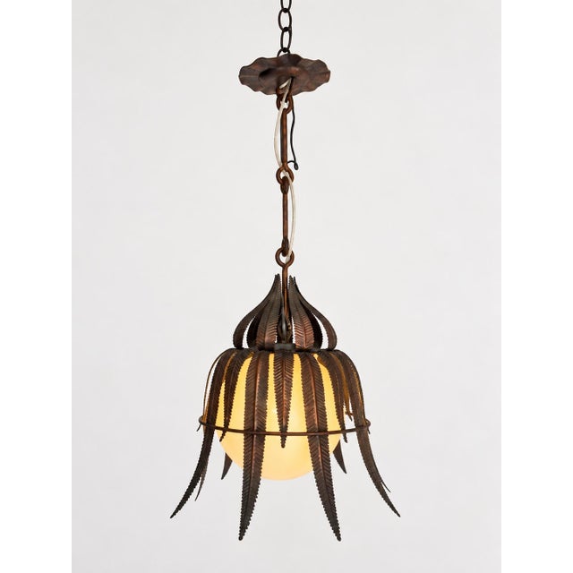 1950s Spanish Copper-Plated Iron Leaf Pendant With Opaline Glass Globe For Sale - Image 11 of 12