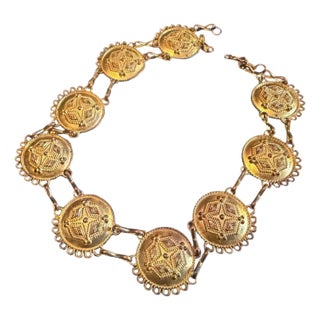 1970s Costume Jewelry Gilded Metal Medallion Italian Necklace For Sale