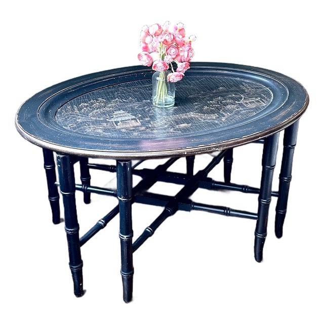 Ethan Allen Chinoiserie Faux Bamboo Tray Table (Black) For Sale