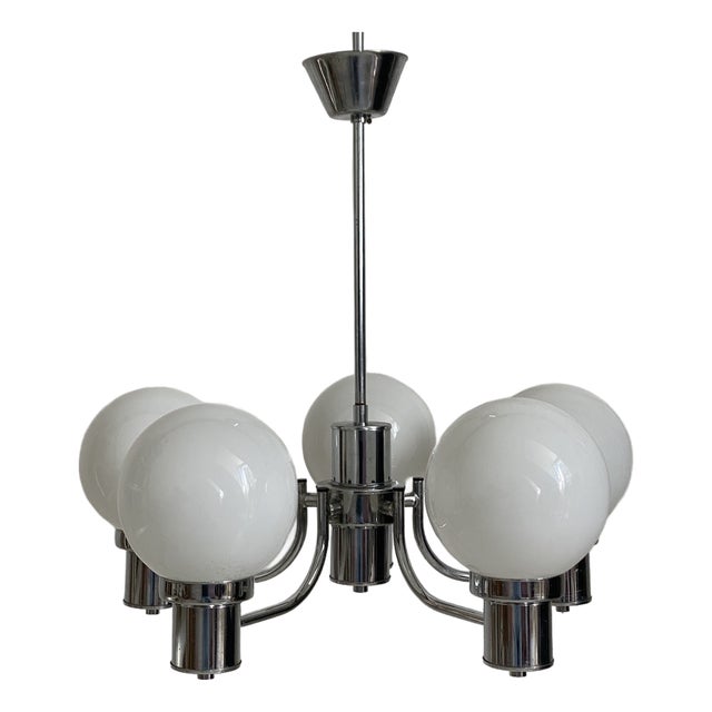 Vintage Chrome and White Glass Pendant Light, 1970s For Sale