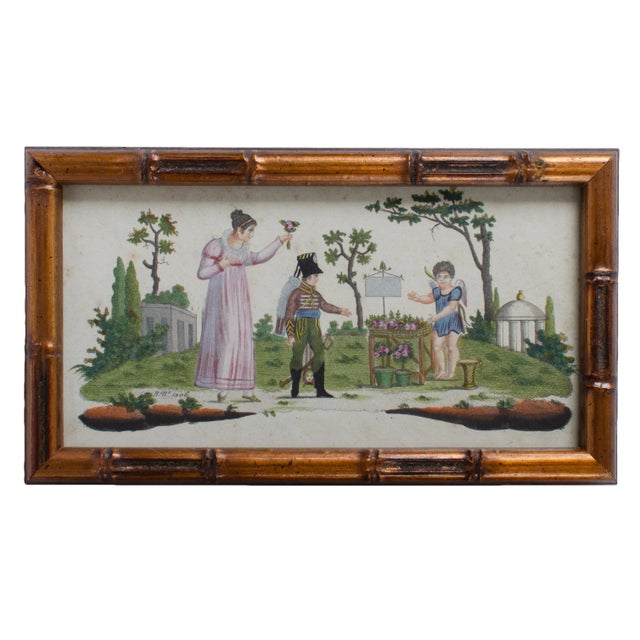 A set of three 18th century hand-colored engravings cut from pages of sheet music. frame: 8 ½ by 4 ¾ inches