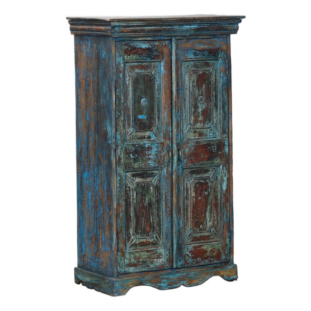 Antique Indian Small Painted Teakwood Armoire For Sale