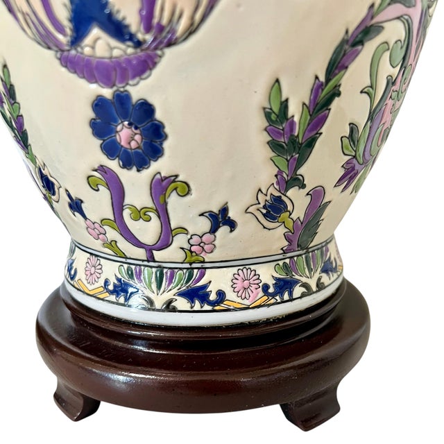 1970s Ornate Floral Ceramic Urn Table Lamps With Carved Wood Bases - a Pair For Sale - Image 11 of 13
