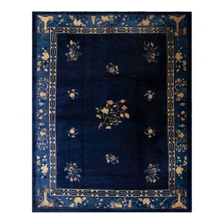 1920s Blue Navy Vase Floral Antique Chinese Peking Carpet 9'3" X 11'9" Knotted Wool Rug For Sale