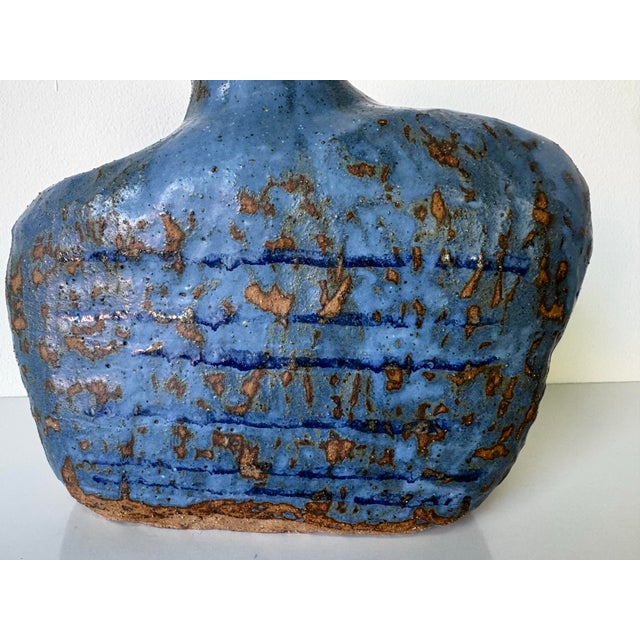 Contemporary Vintage Organic Blue Glazed Studio Pottery Vase, Signed JLM/ Sold For Sale - Image 3 of 12