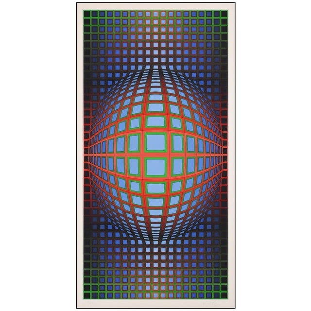 Abstract Mid 20th Century Geometric Abstract Blue Screenprint Victor Vasarely For Sale - Image 3 of 7