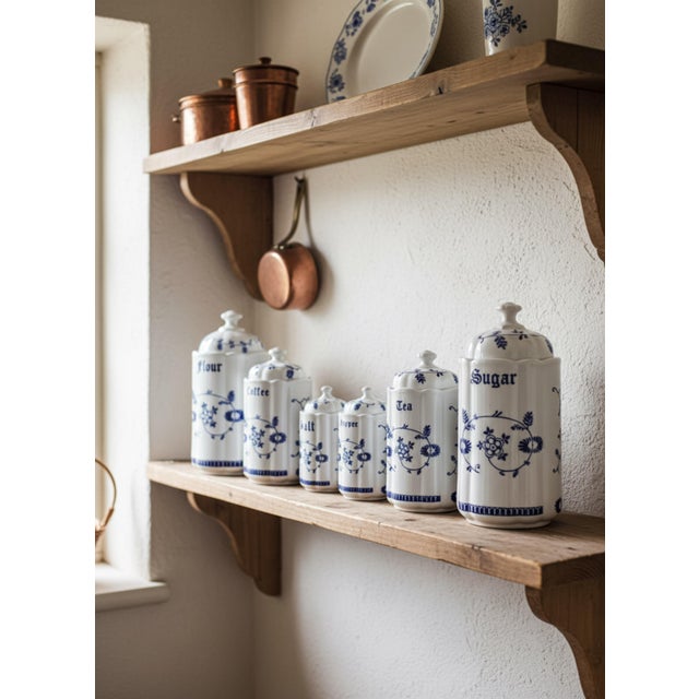 Mid-Century Blue and White Floral Ceramic Caddies from TC, 1950s, Set of 6 For Sale - Image 10 of 11