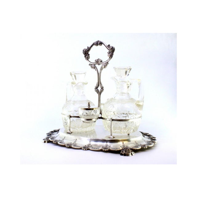 Cruet Set with Silver Structure and Cut Glass Cruets with Salt and Pepper Shakers, Set of 5 For Sale - Image 4 of 10