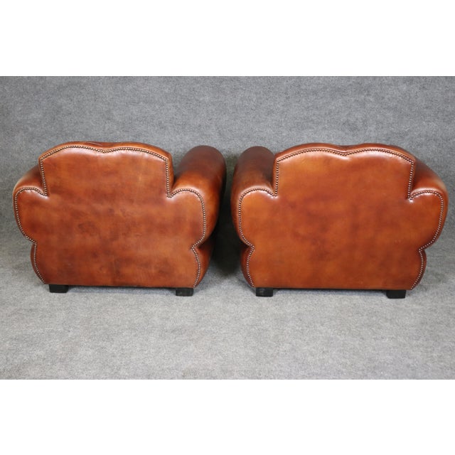 2010s Pair Cognac Hued French Art Deco Style Leather Moustache Club Chairs For Sale - Image 5 of 7