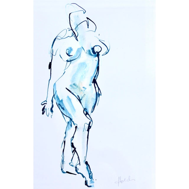 "Blue Nude" Contemporary Figurative Blue and White Ink Drawing. For Sale - Image 4 of 4