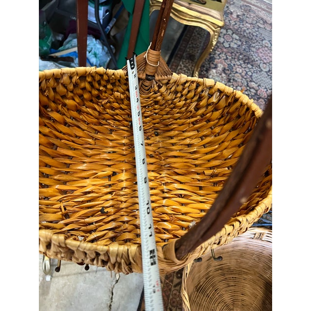Vintage Hand Woven Wicker Basket With Brown Handle For Sale In Atlanta - Image 6 of 10