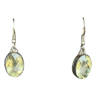 Vintage 925 Silver Drop Earrings With Green Gemstone For Sale