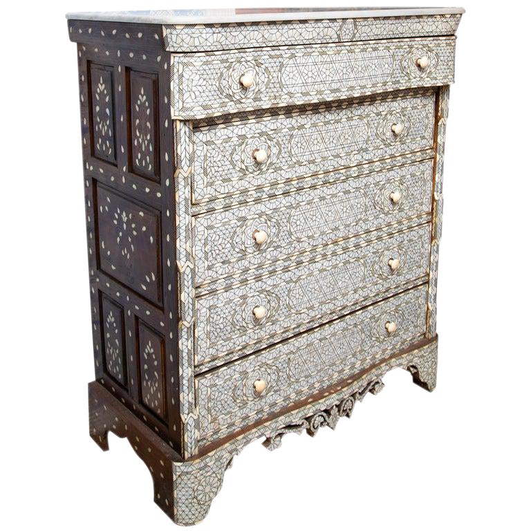 19th Century Syrian Five Drawer Mother Of Pearl Inlay Dresser