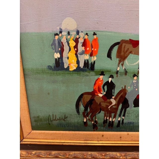 Wood Mid-Century Modern Equestrian Gathering Oil Painting in Gilt Frame, Circa 1950s–1960s For Sale - Image 7 of 10