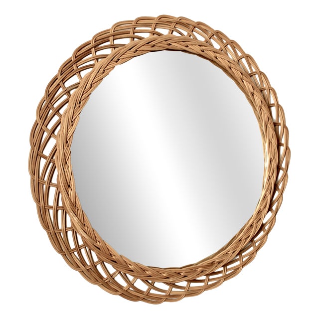 Mid-Century Modern French Round Rattan Mirror, 1950s For Sale