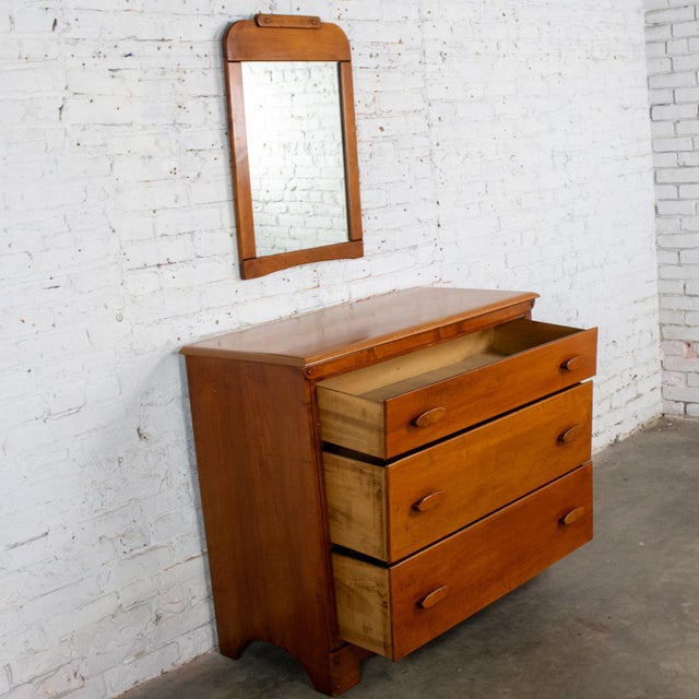 Wood 1930s to 1950s Transitional Solid Maple Gentleman’s Chest With Hand Carved Pulls and Wall Mirror For Sale - Image 7 of 18