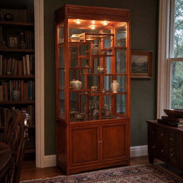 Late 20th Century Lighted Asian- Or Chinoiserie- Style Display Cabinet With Geometric Shelves For Sale - Image 5 of 5