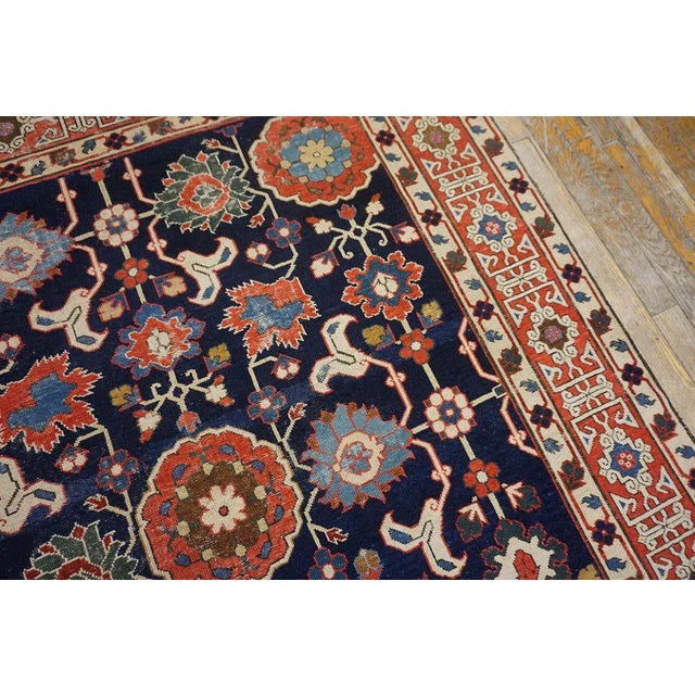 Captivating Blue Background With Elegantly Stylized Flowerheads Red Rust Antique Caucasian Afshan Kuba Rug For Sale - Image 4 of 5