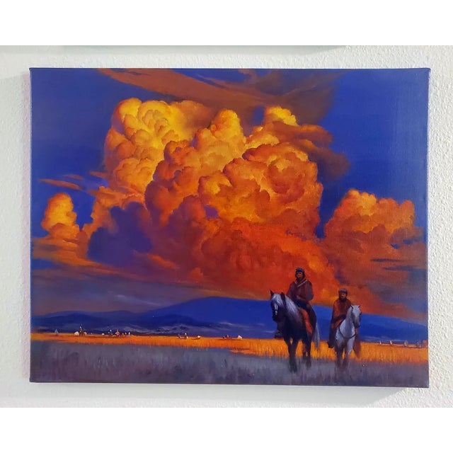Two riders advance across an open plain beneath a sky transformed into a stage of fire and shadow. Vast, billowing clouds...