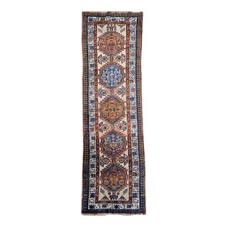 Vintage Persian Serab Runner, Hand-Knotted Wool, Geometric Medallion Pattern, Ivory & Blue, 3x11 For Sale