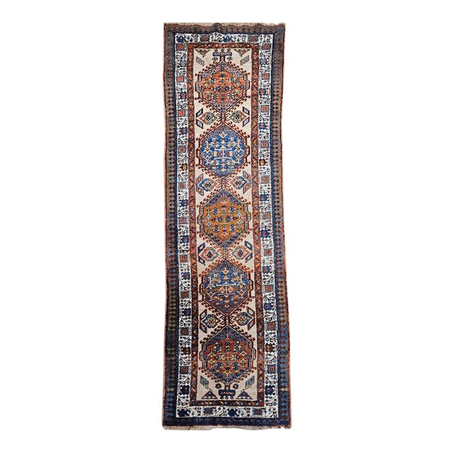 Vintage Persian Serab Runner, Hand-Knotted Wool, Geometric Medallion Pattern, Ivory & Blue, 3x11 For Sale