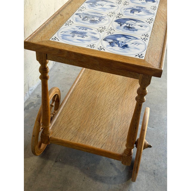 Wood Vintage Danish Oak Bar Cart Tea Trolley With Blue & White Tile Top For Sale - Image 7 of 10