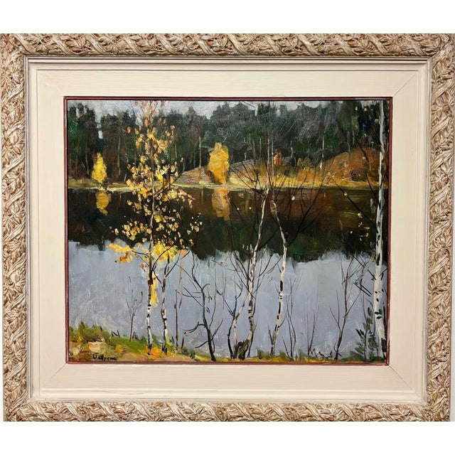 Boris Lavrenko, Black Lake Landscape with a Lake in the Middle of a Forest, 1978, Oil on Canvas For Sale - Image 7 of 7