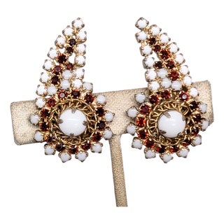 Vintage 1960s Signed Hobe White & Red Rhinestone Climber Clip Earrings-2 Pieces For Sale