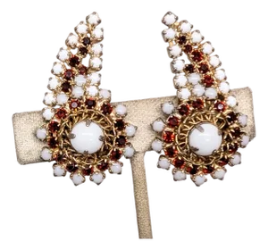 Vintage 1960s Signed Hobe White & Red Rhinestone Climber Clip Earrings-2 Pieces