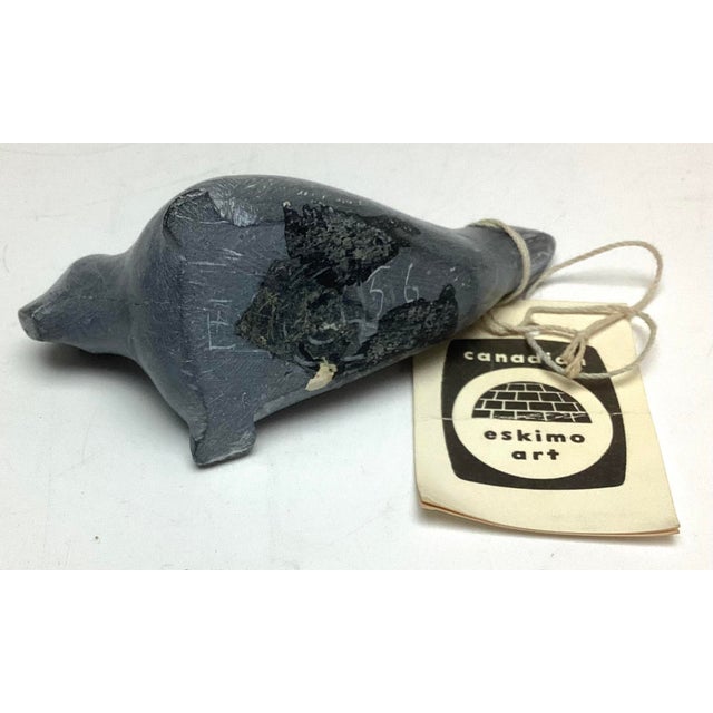 Folk Art Eskimo Art, Inuit Hand Carved Soapstone Seal Sculpture Signed With Tag For Sale - Image 3 of 4